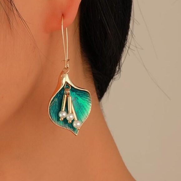Anthropologie Gold Teal Leaf Earrings - Picture 3 of 5